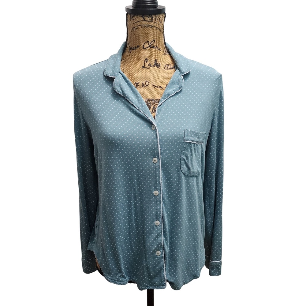 Victoria's Secret Polka Dot Sleep Top Pajama Shirt Blue Small S Button Front